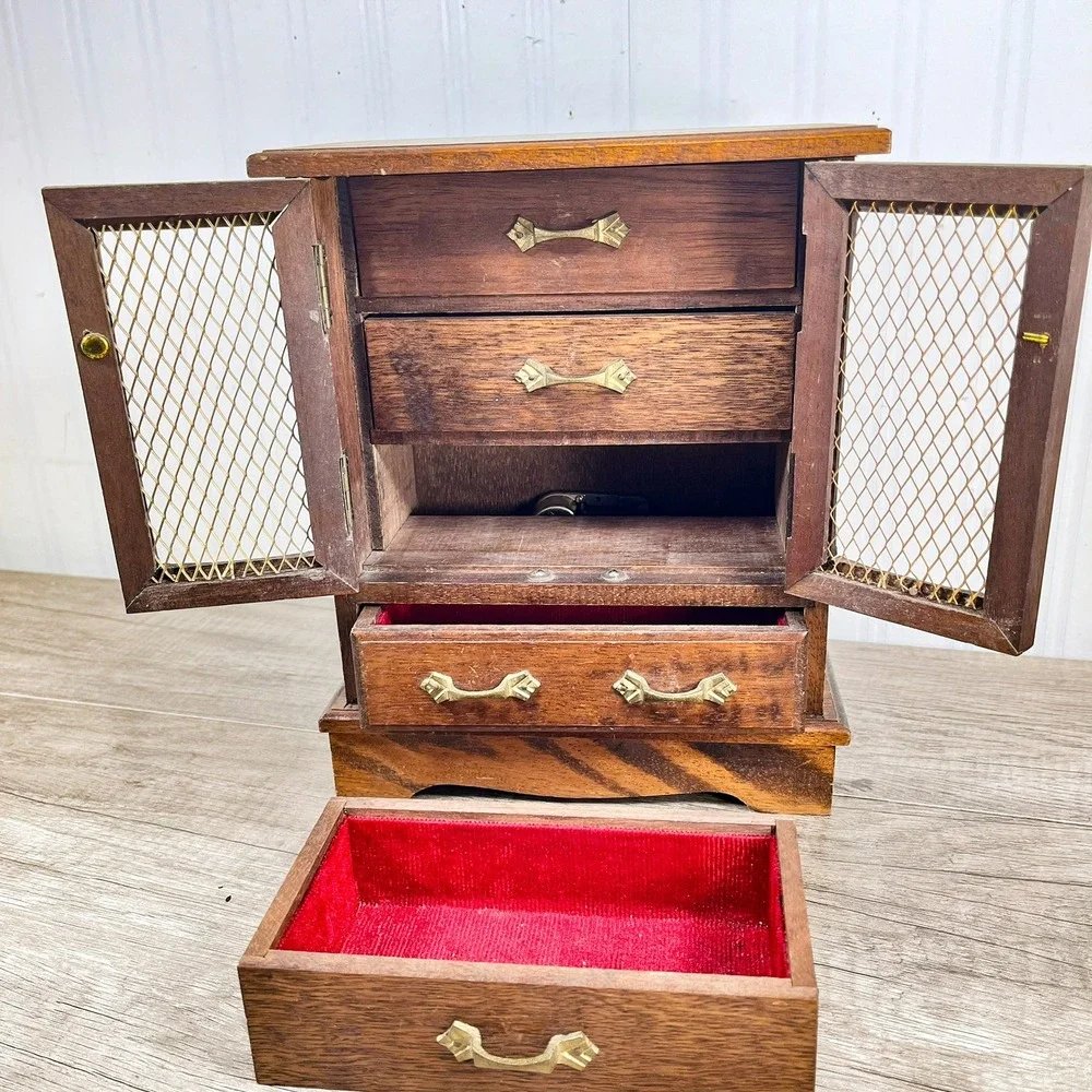 Vintage‎ Wood Musical Jewelry Box Armoire Cabinet Mesh Doors Brown Gold Hardware